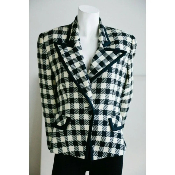 Vintage Wool Black White PlAid Notched Collar Fitted Cropped Chic Blazer M - Picture 3 of 10
